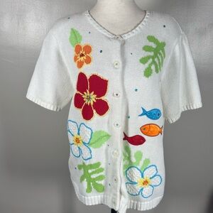 Breckenridge White Embroidered Fish Short Sleeve Cardigan Sweater Vintage Sz PM